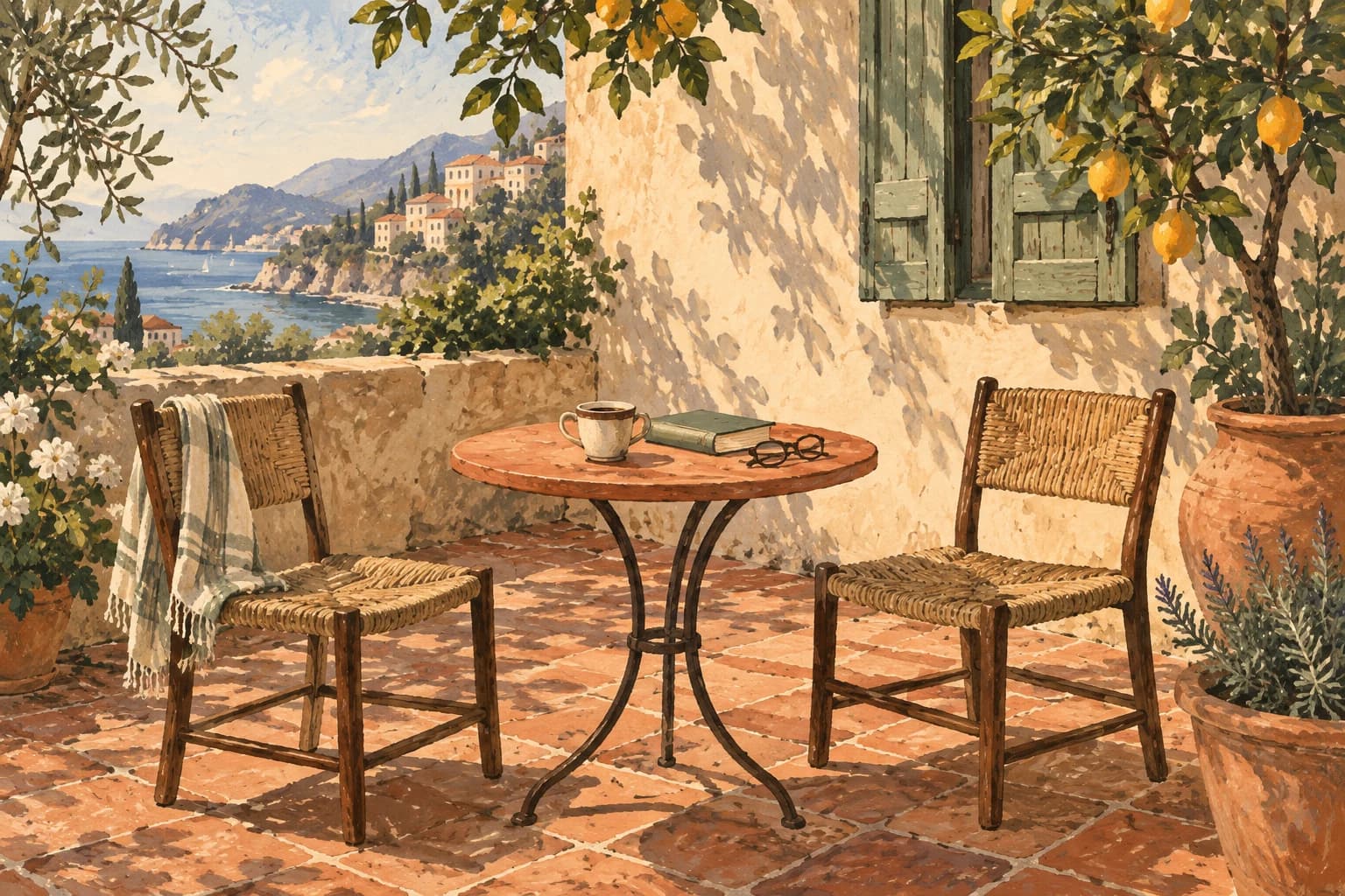 A warm editorial illustration of two empty woven chairs, coffee, and a book in a sunlit courtyard
